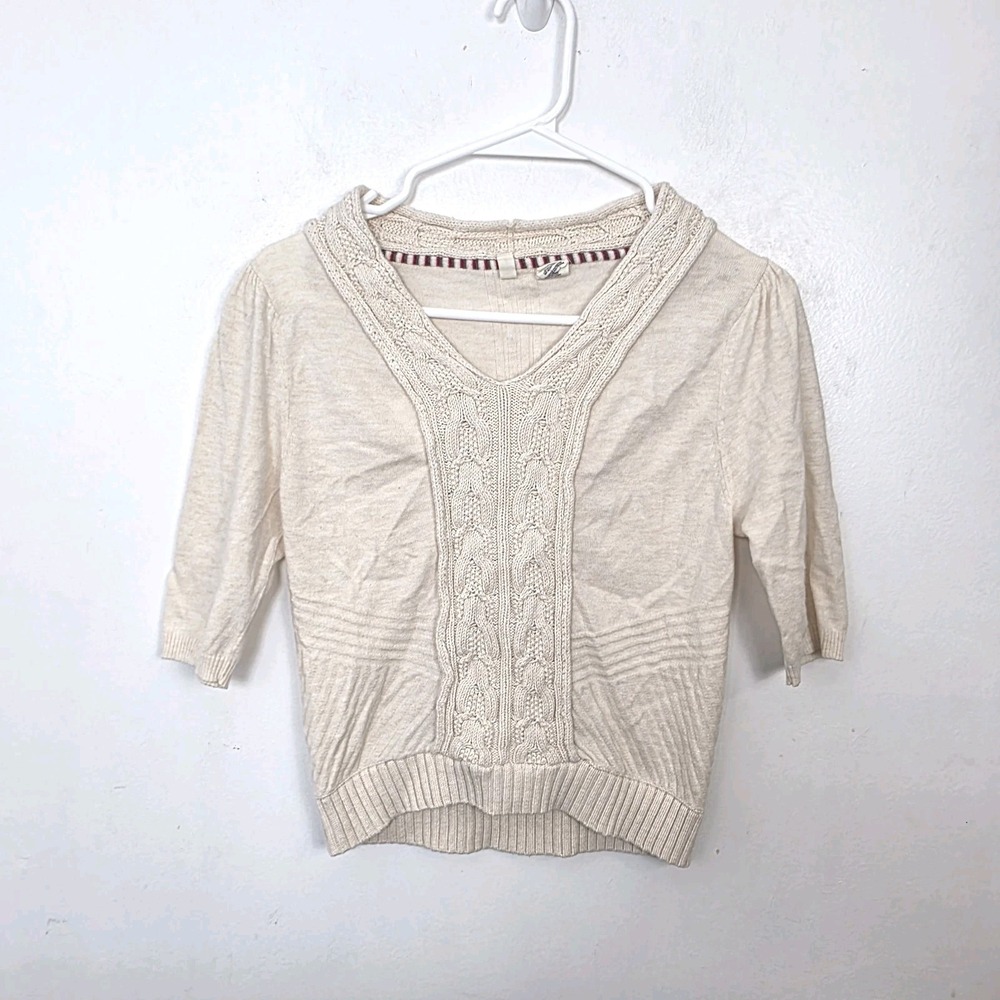 MOTH Anthropologie Cream Knit Half Sleeve Cropped Neutral Sweater Size Small - Picture 2 of 7